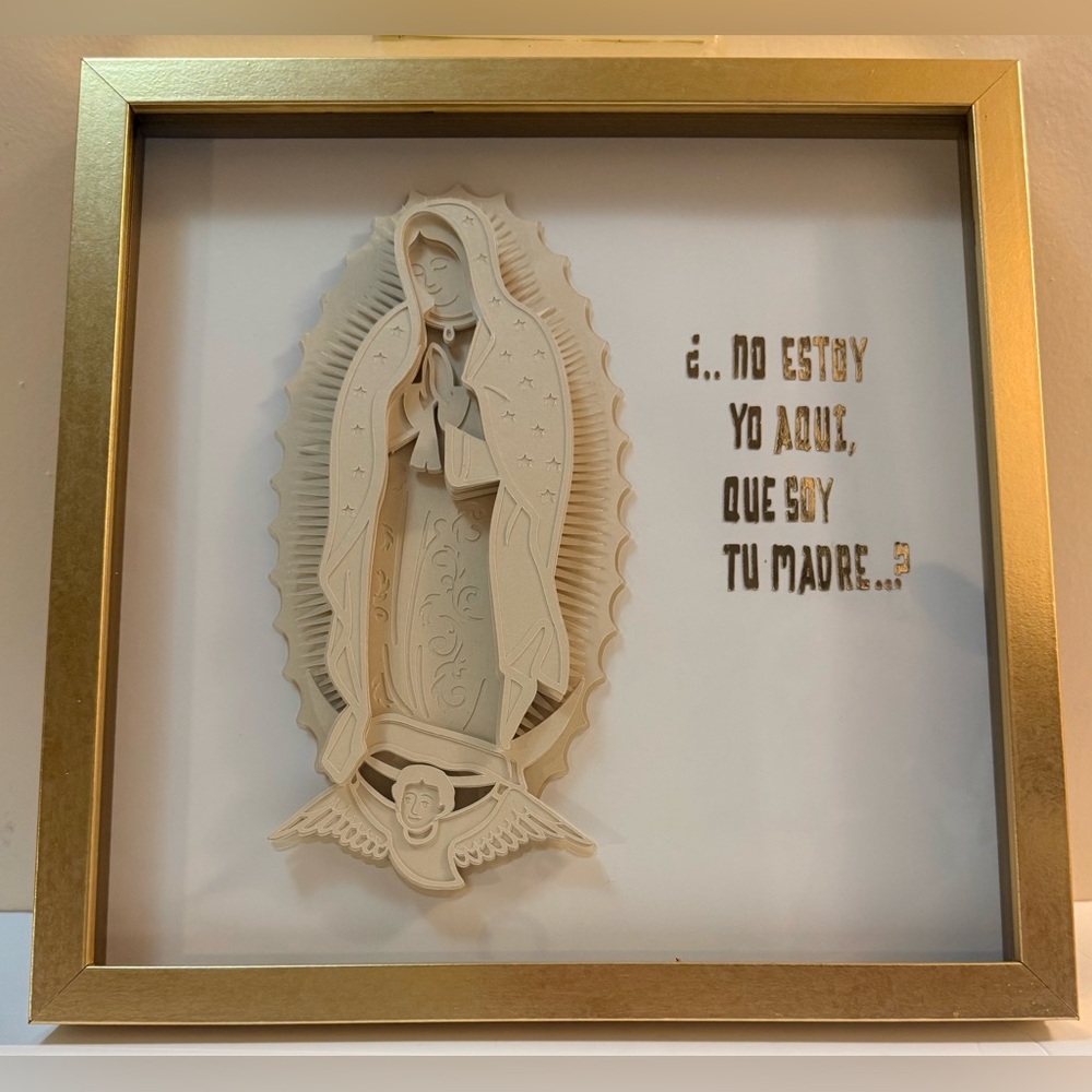 Shadow box 12x12  the Virgen de Guadalupe
Framed Religious Art with Cream Figure